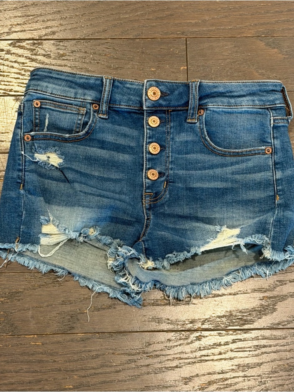 American Eagle Hi-Rise Shortie Distressed Denim Shorts Medium Wash Button Fly 4